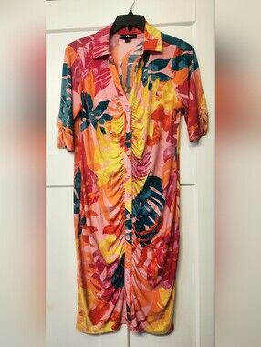 Ashley Stewart Pink Orange Yellow Tropical Midi Button-Front Dress
